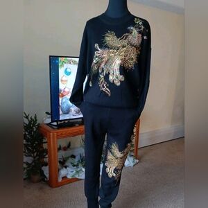 Women's Black Sweatsuit Gold Bird Embellished Design, Sequins, Embroidery, Knit